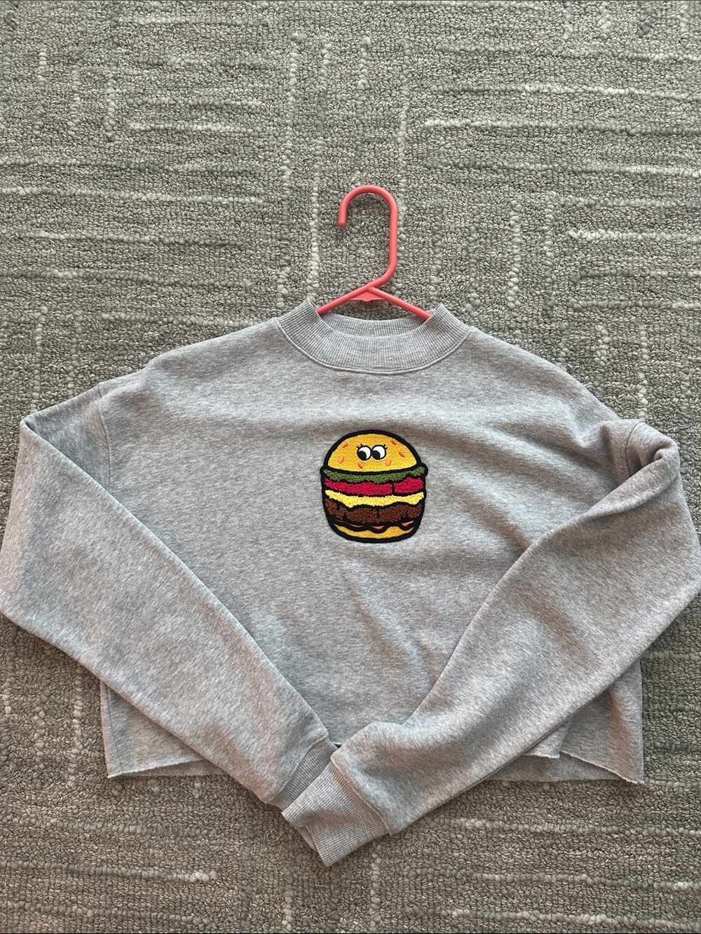 Forever 21 Gray Cropped Sweatshirt with Embroidered Burger Patch